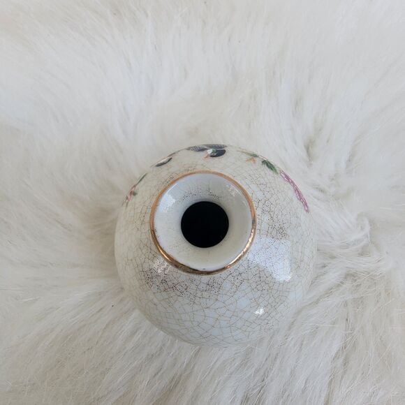 vintage Japanese porcelain miniature crackle vase bird floral print 3 Inch - Picture 3 of 4